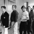 Just off the Academy bus and waiting to check in on June 26, 1959 are Gary Saban, Frank Ralston, Rus